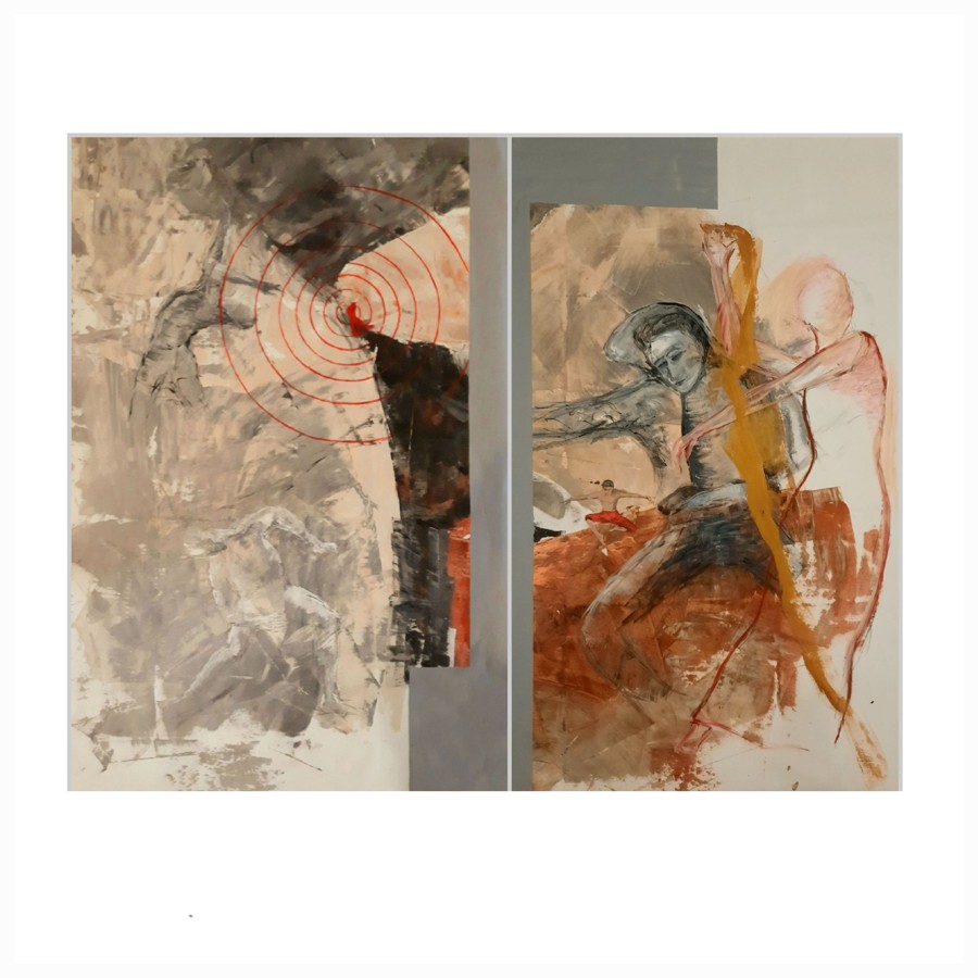 Diptych painting combining abstract red spiral target symbol with expressive dancer figures in earth tones, contemporary art