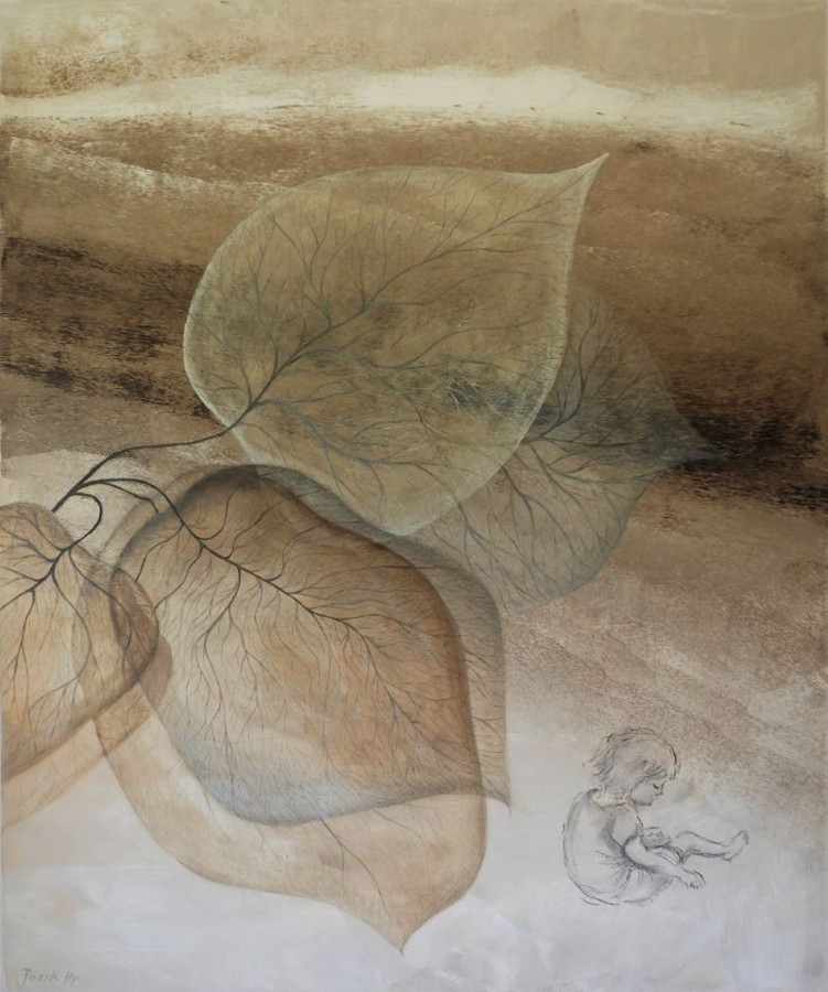 Mixed media painting of translucent skeletal leaves with a small child figure, symbolic contemporary figurative artwork