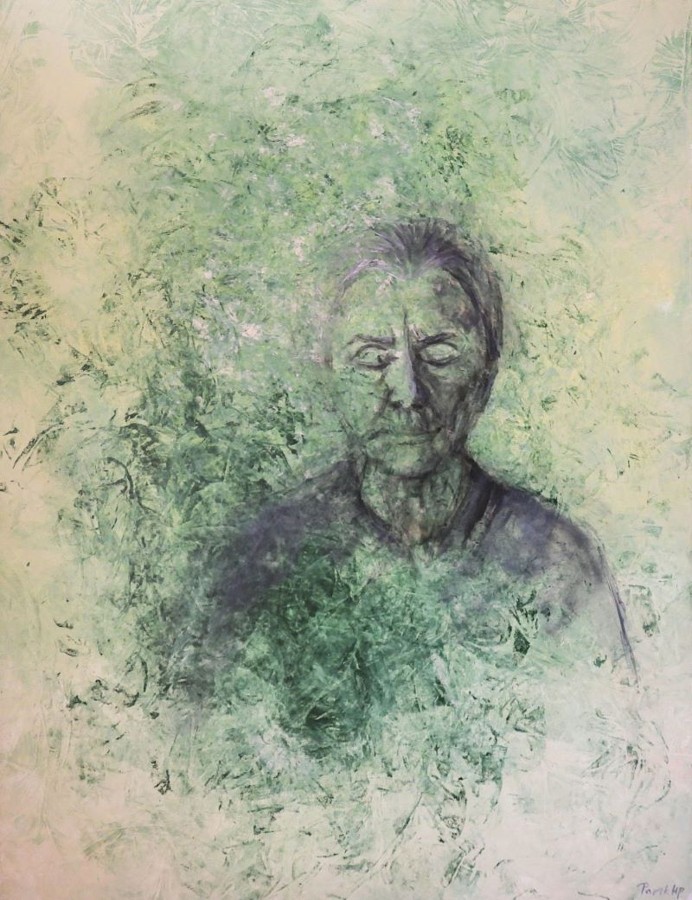 Expressive portrait painting of an elderly man dissolving into green botanical texture, figurative contemporary mixed media