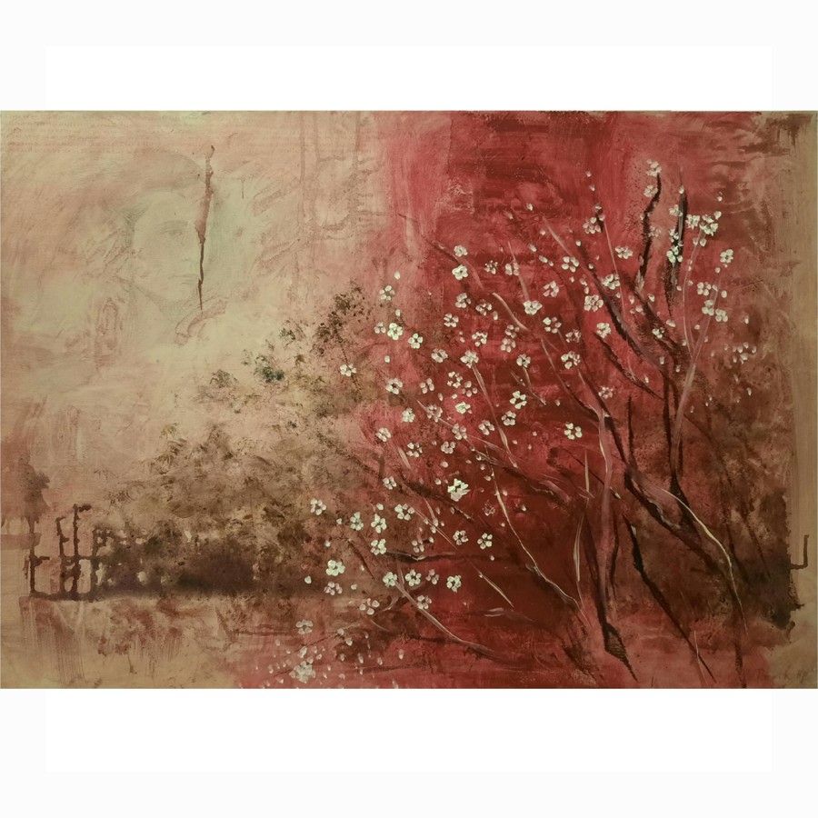 Figurative landscape painting of blooming cherry blossom tree on crimson red background with ghostly face, mixed media art