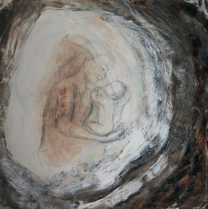 Symbolic painting of mother holding newborn in a glowing circular space surrounded by dark texture, figurative contemporary art