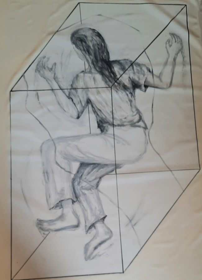 Expressive drawing of a figure reaching outward while confined inside a geometric transparent box, contemporary figurative art