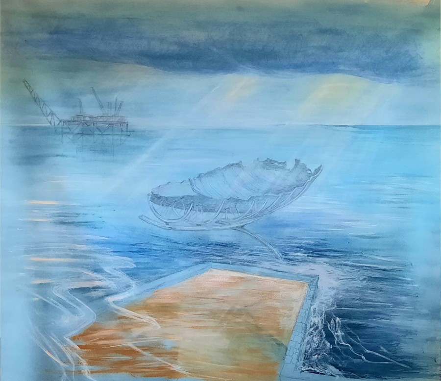Blue seascape oil rig shell shaped boat Mediterranean coast acrylic painting Pavla Parik