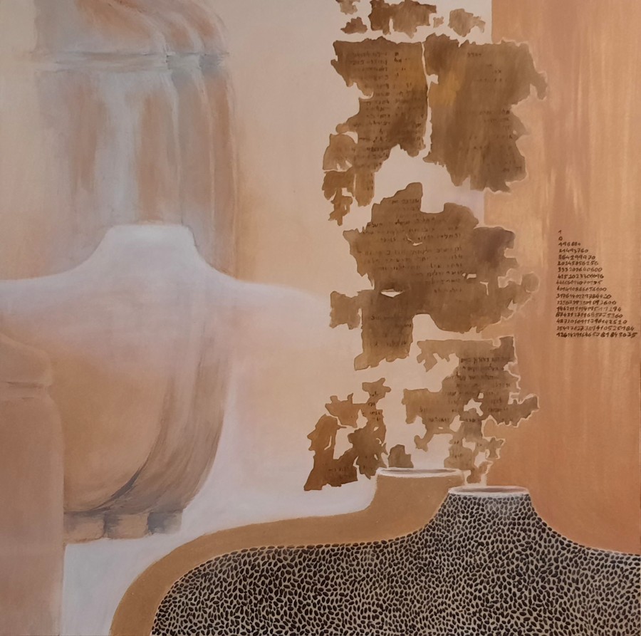 Ancient clay jars Dead Sea scrolls fragments archaeological acrylic painting Israel
