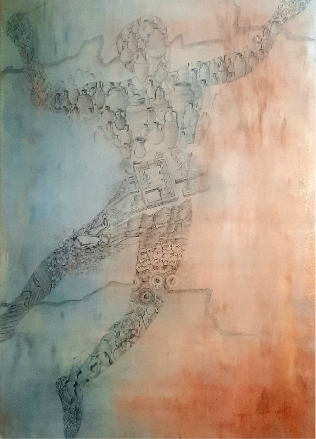 Human figure silhouette filled with ancient amphoras archaeological map acrylic painting Pavla Parik