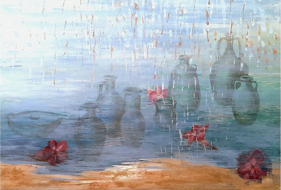 Ancient amphoras rain red flowers blue water shoreline acrylic painting Israel