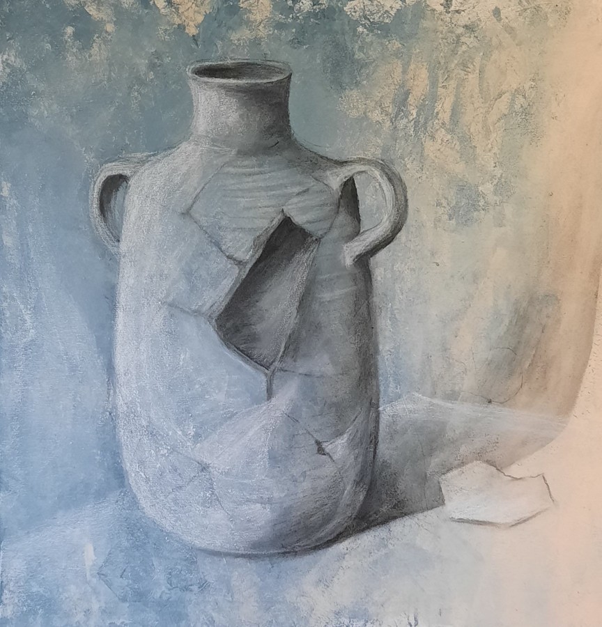 Broken ancient clay amphora charcoal drawing blue background acrylic painting Pavla Parik