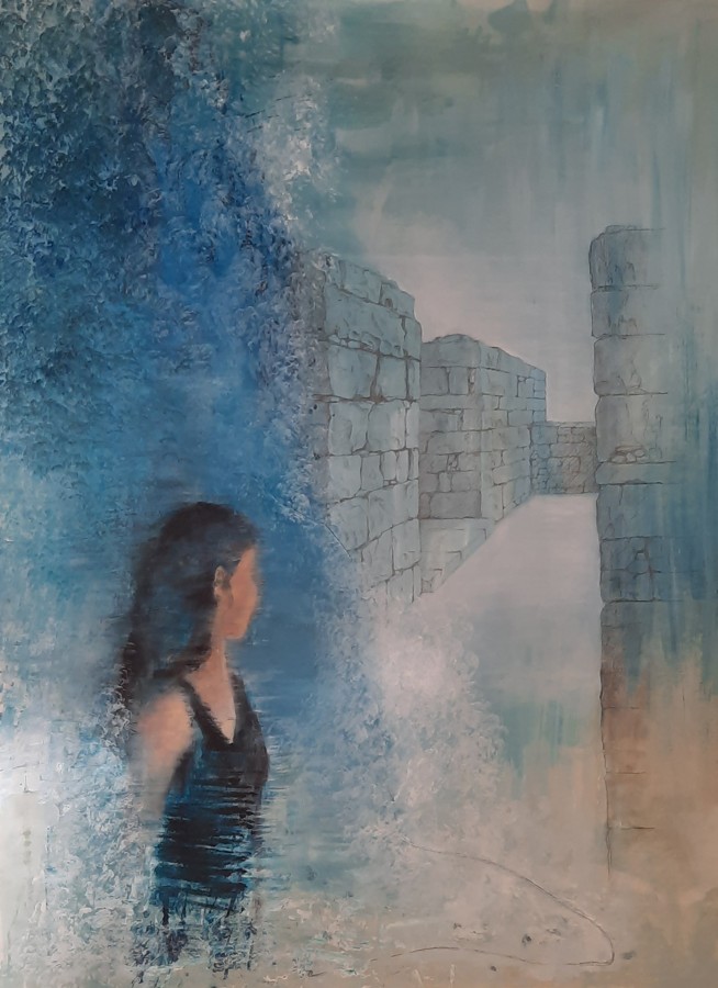 Woman gazing at ancient stone ruins blue mist landscape acrylic painting Israel