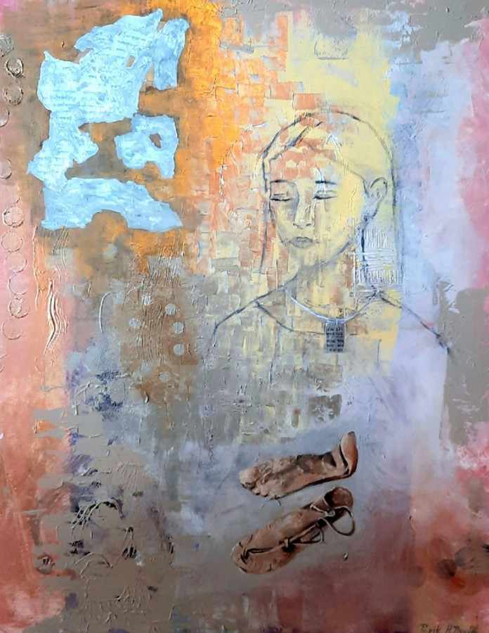 Meditative female face with ancient shoes mixed media gold acrylic painting Pavla Parik