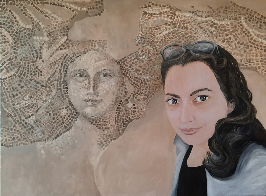 Portrait woman beside ancient Roman mosaic face archaeological site acrylic painting Israel