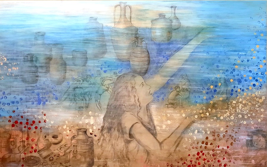Woman balancing amphora archaeological scene blue gold acrylic painting Pavla Parik