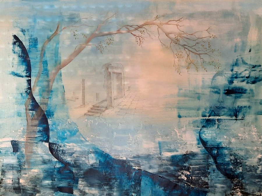 Ancient temple ruins framed by tree branch blue misty landscape acrylic painting Israel