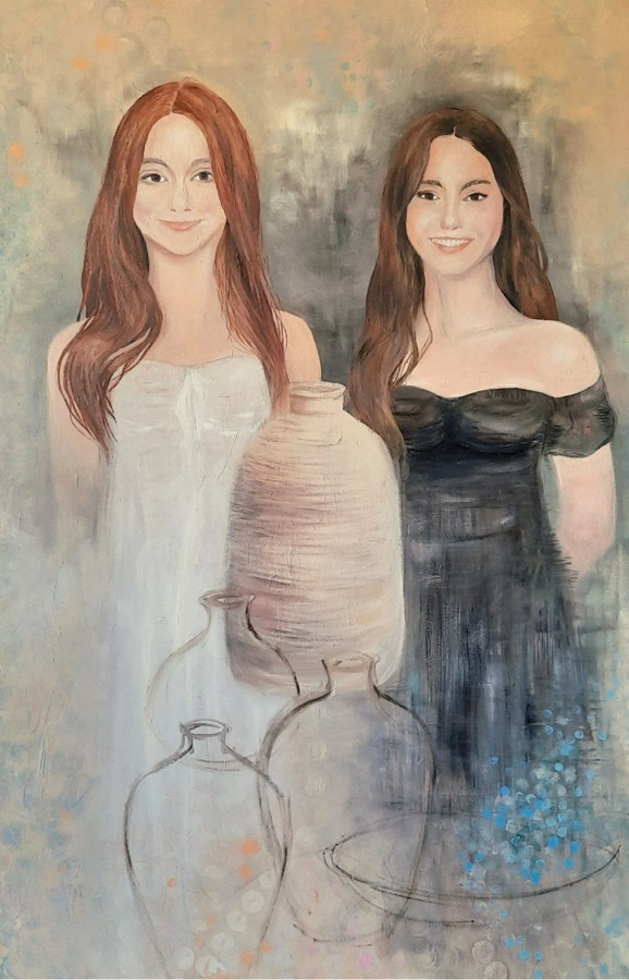 Portrait two young women with ancient clay vessels warm tones acrylic painting Israeli artist