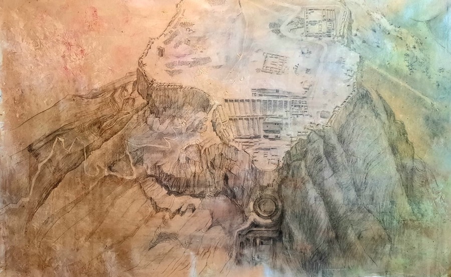 Aerial pencil drawing Masada fortress archaeological site mixed media painting Pavla Parik