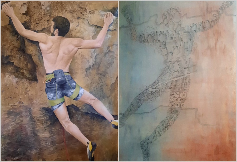 Diptych rock climber on cliff face beside archaeological artifacts figure acrylic painting Israel