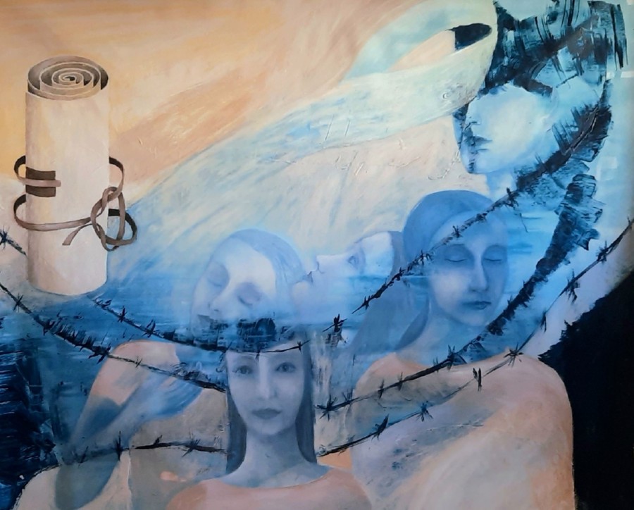Blue female figures behind barbed wire scroll Holocaust memory acrylic painting Pavla Parik