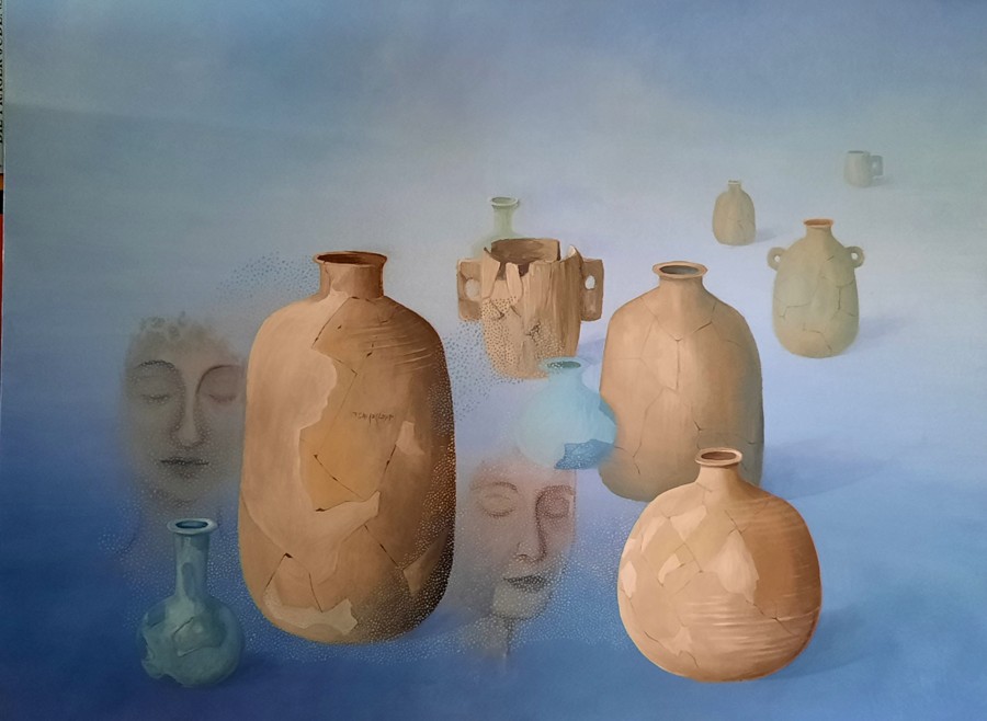 Ancient cracked clay jugs ghostly faces blue mist surrealist acrylic painting Pavla Parik