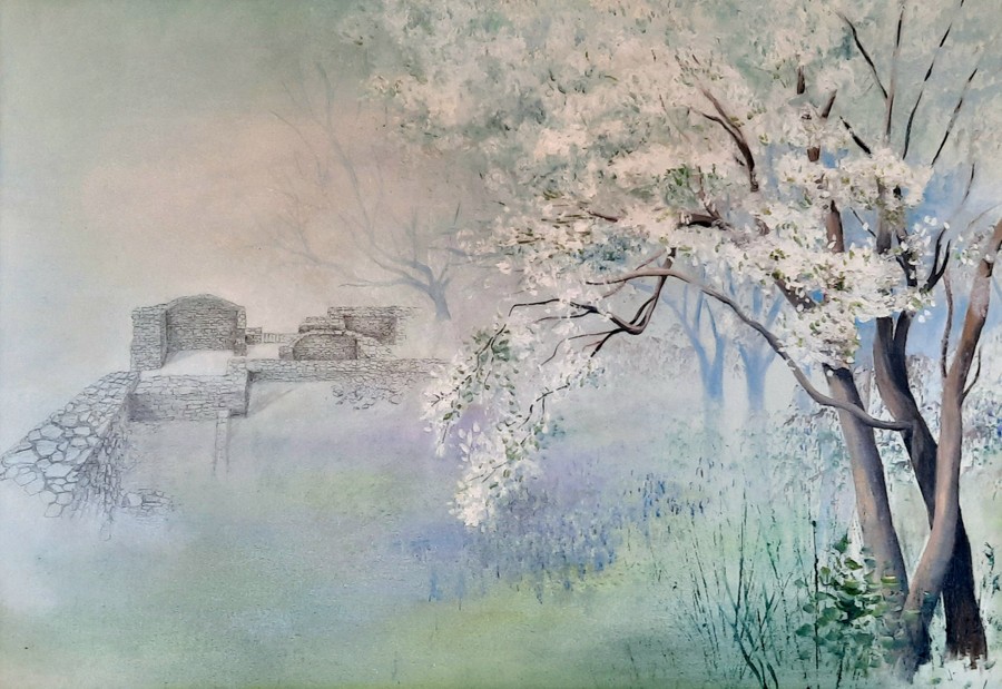 White blossoming trees ancient stone ruins misty spring landscape acrylic painting Pavla Parik