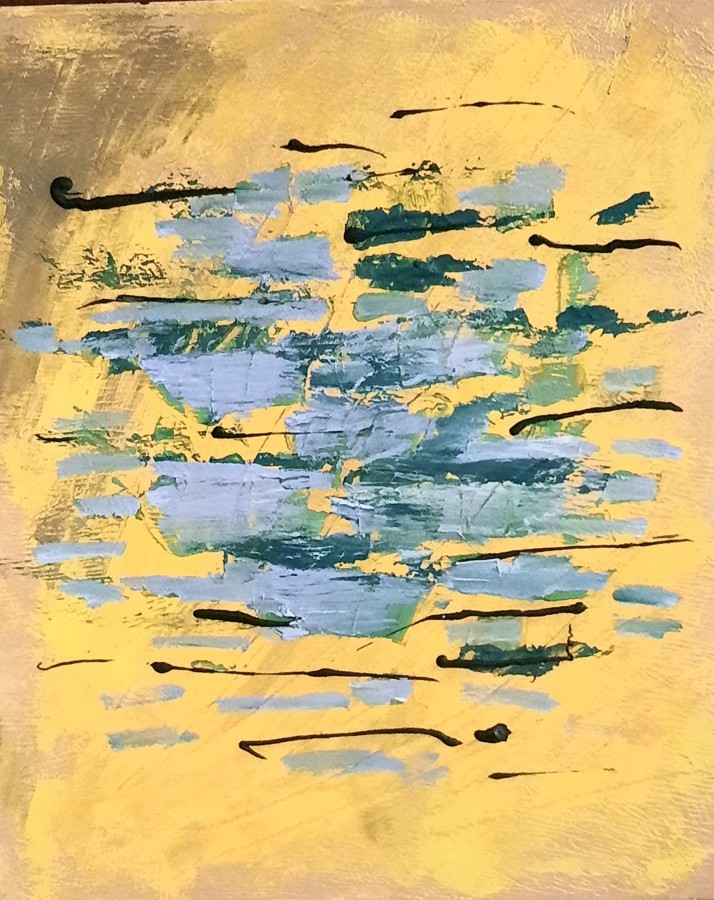Abstract yellow wildflowers meadow fading into dark earth impressionist acrylic painting Pavla Parik