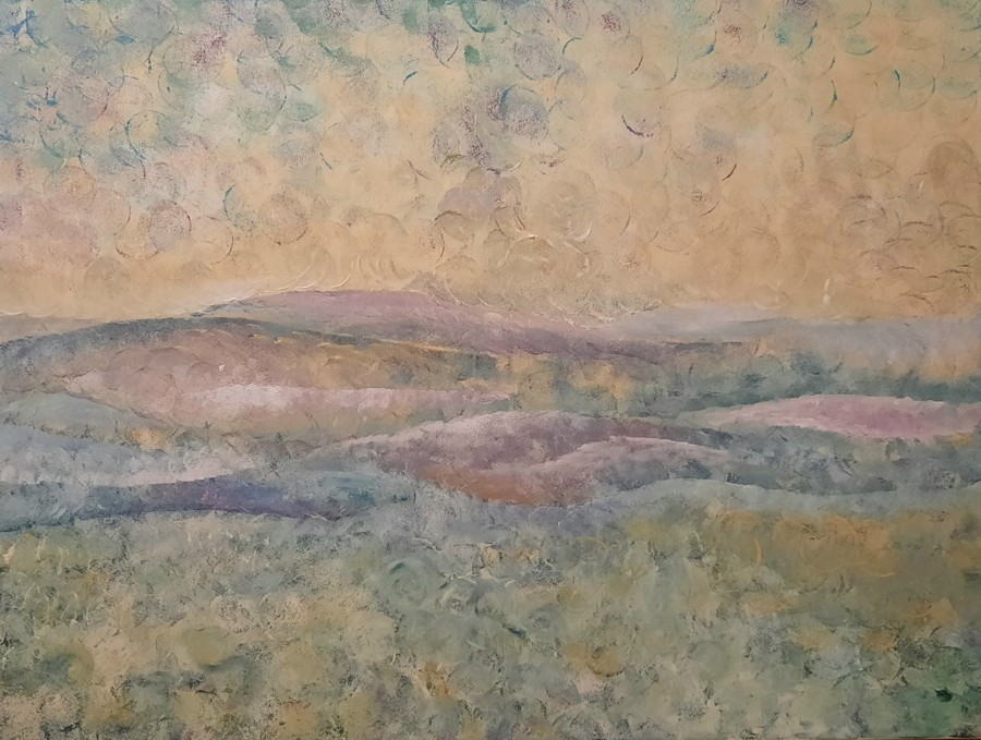 Abstract golden autumn trees emerging from grey white mist acrylic landscape painting Pavla Parik