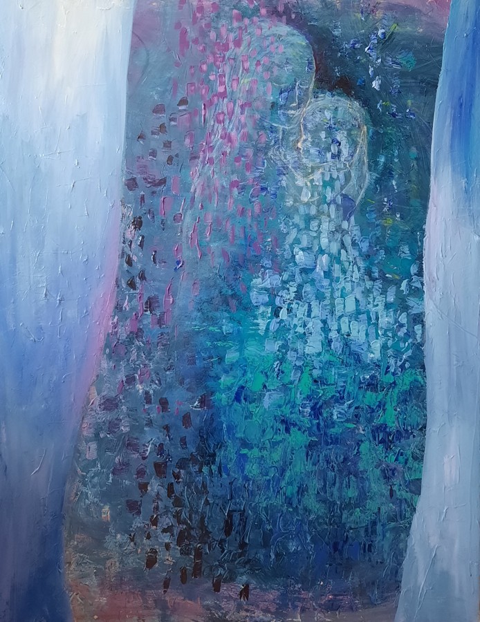 Abstract expressionist grey gold teal red with white calligraphic marks acrylic painting Pavla Parik