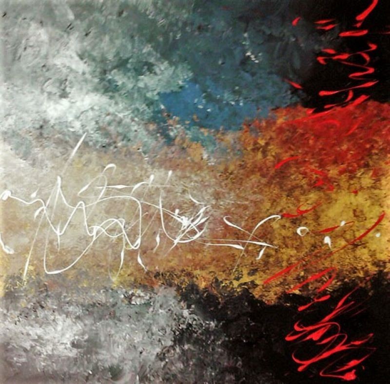 Abstract blue ocean meeting textured rust gold reef aerial view acrylic painting Israel