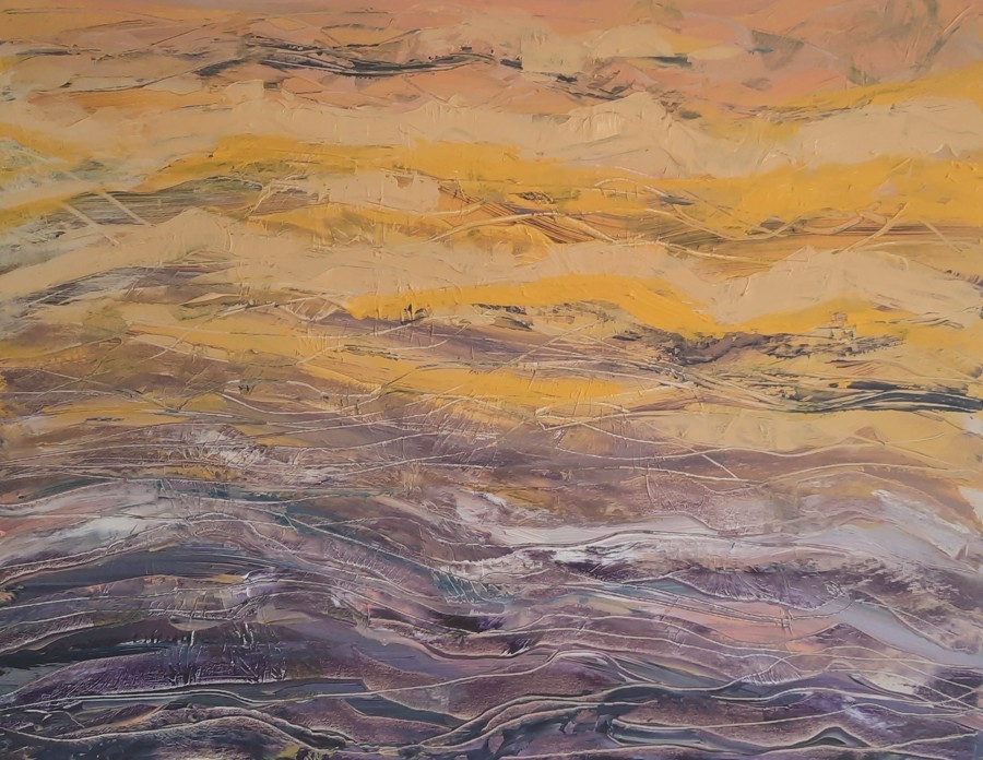 Abstract blue ocean with red fish school stormy waves acrylic painting Israeli artist