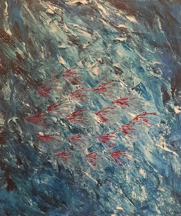 Abstract yellow gold teal blue brushstrokes black calligraphic marks acrylic painting Pavla Parik