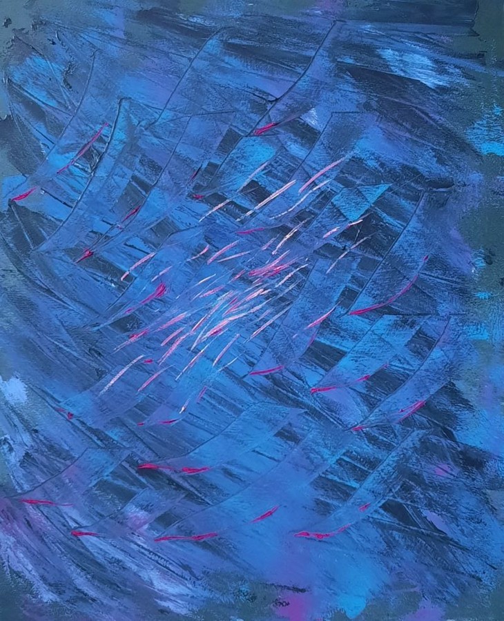 Abstract blue swirling vortex ocean with colorful flowing lines acrylic painting Pavla Parik