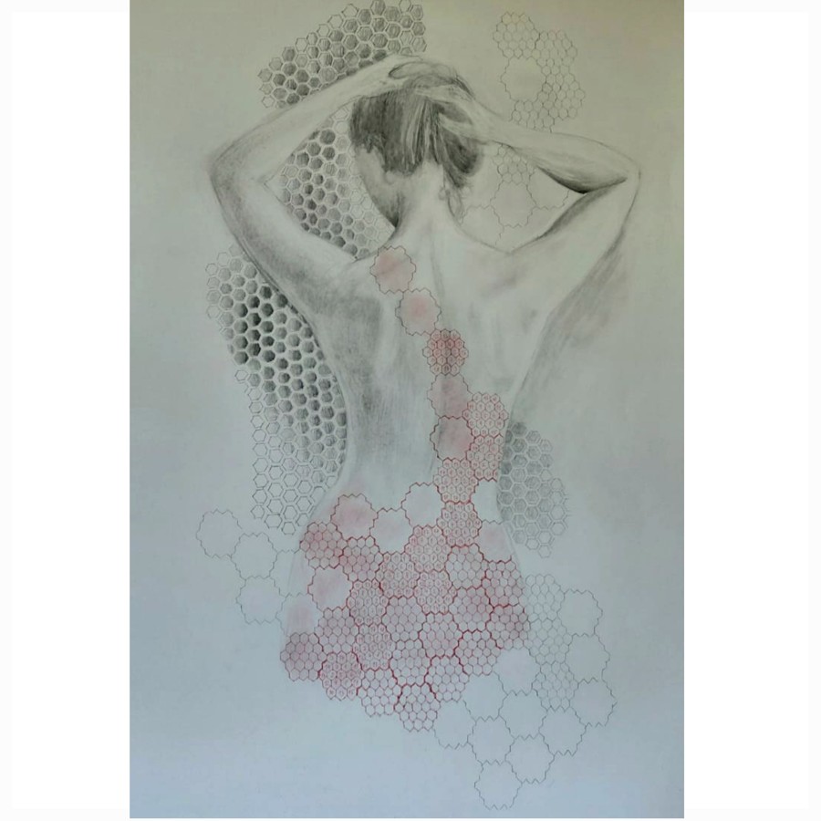 Pencil drawing female back with hexagonal honeycomb pattern nature body connection art Pavla Parik