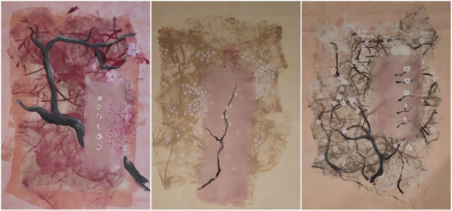Cherry blossom branches triptych pink earth tones mixed media painting Israeli artist Pavla Parik