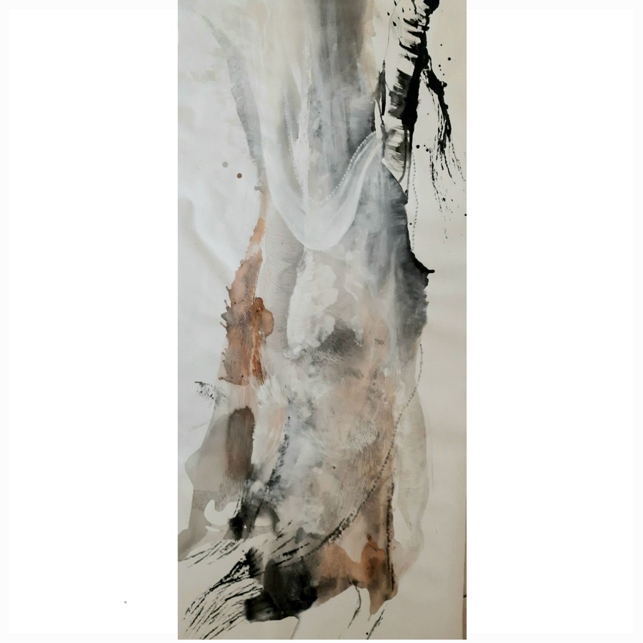 Abstract black white earth tones ink wash vertical figure nature painting Israeli artist Pavla Parik