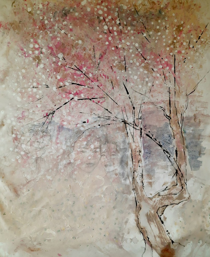 Pink cherry blossom tree with ghostly female faces emerging mixed media painting Pavla Parik