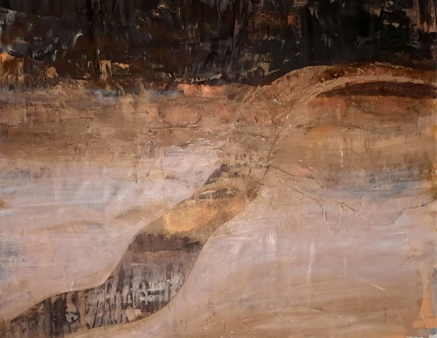 Abstract earth tones figure emerging from layered rock strata textured acrylic painting Pavla Parik