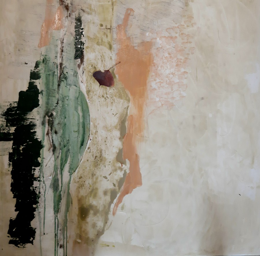 Abstract green black peach vertical forms with dried leaf mixed media nature painting Israel