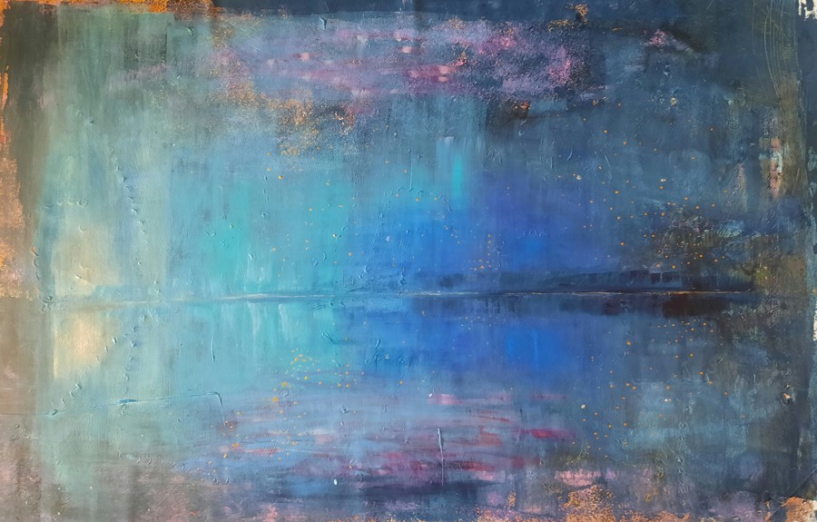Deep blue teal abstract seascape with gold speckles night sky acrylic painting Pavla Parik
