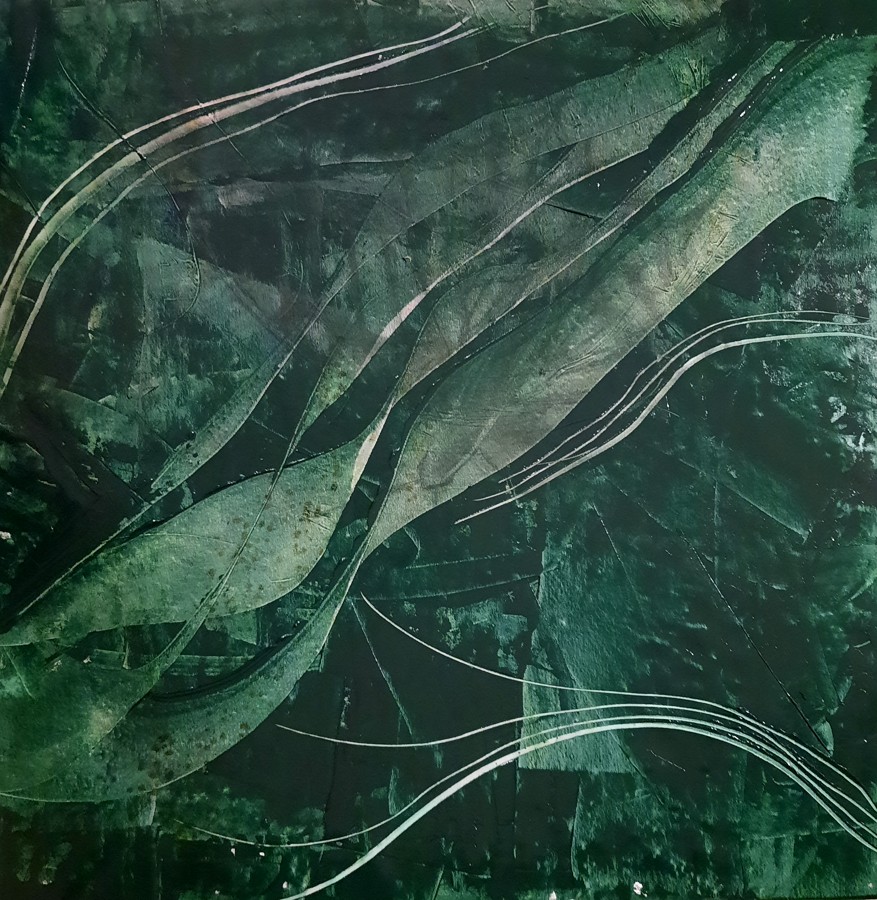 Dark green flowing organic waves abstract nature movement acrylic painting Israeli artist