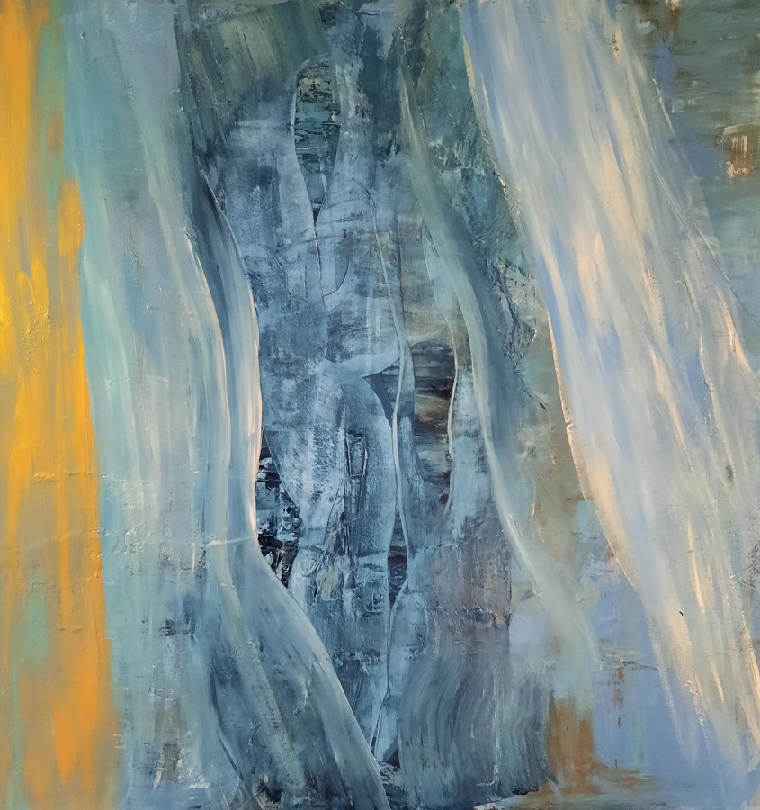 Abstract blue grey human figure emerging from flowing brushstrokes acrylic painting Pavla Parik
