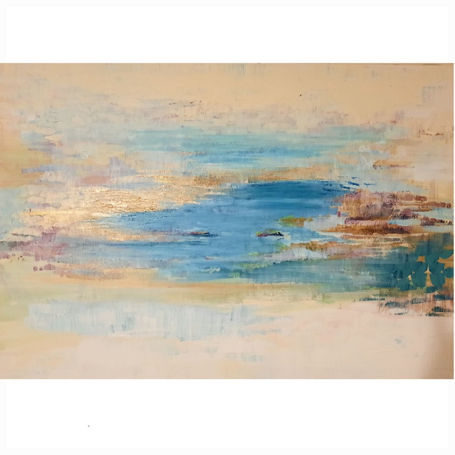 Abstract desert lake blue gold warm beige impressionist landscape acrylic painting Israel