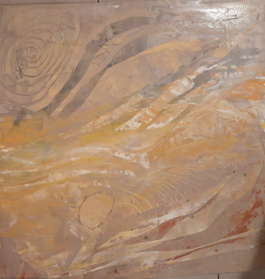 Abstract warm sandy swirling desert wind forms with spiral motifs acrylic painting Pavla Parik
