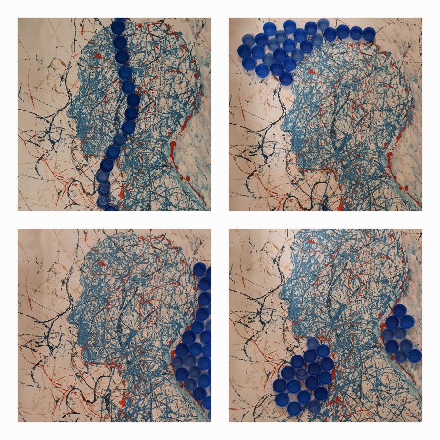 Blue plastic bottle caps on splattered canvas environmental protest painting Pavla Parik
