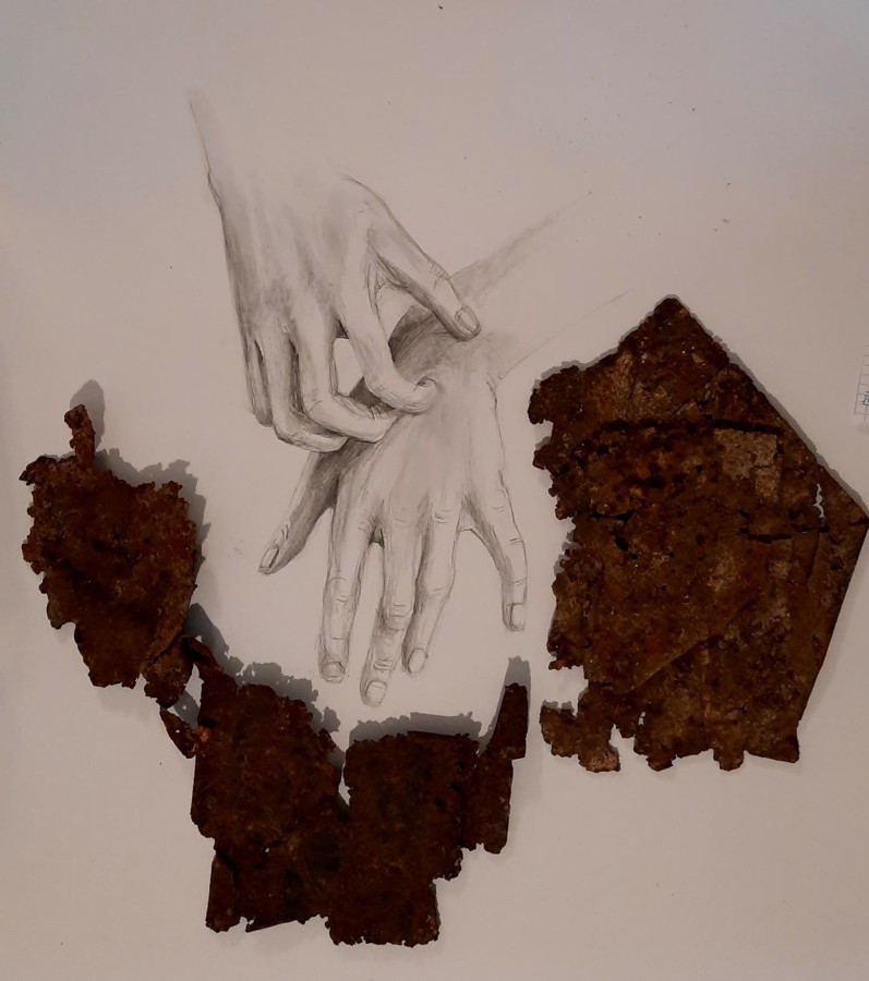 Intertwined hands pencil drawing rusted metal human fragility mixed media art Israel