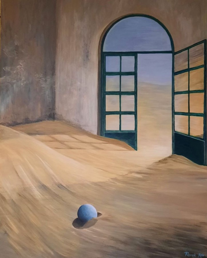 Sand drifting through open arched door surrealist climate change acrylic painting Pavla Parik