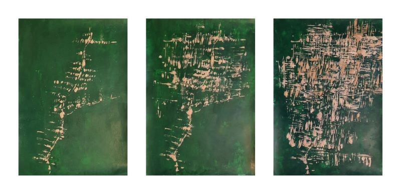 Gold organic forms on deep green abstract nature triptych acrylic painting Israel
