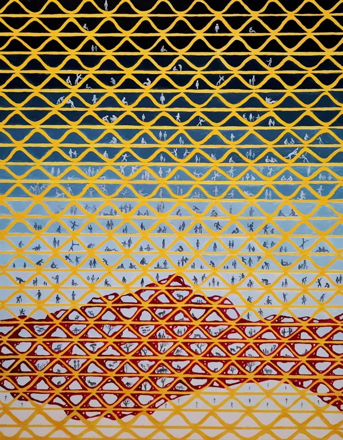 Human figures trapped in golden wave grid earth and sky acrylic painting Pavla Parik