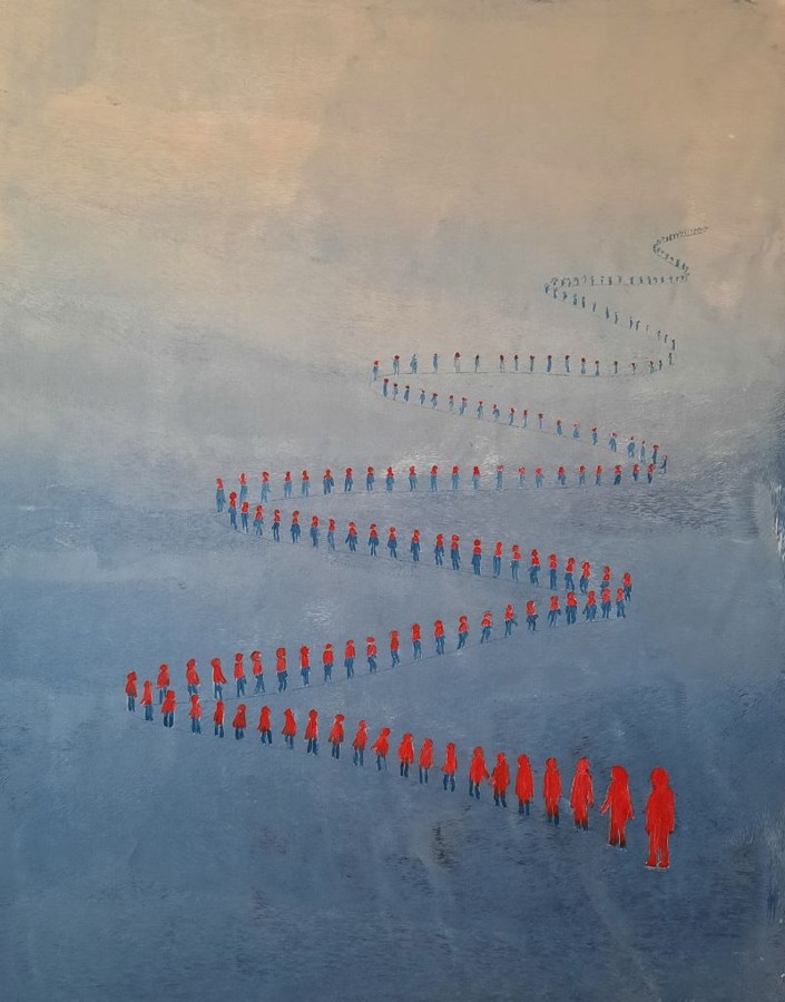 Red and blue figures spiral procession climate refugees acrylic painting Israeli artist