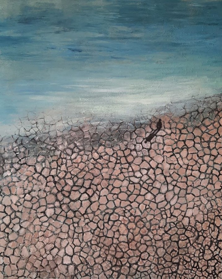 Lone figure on cracked drought earth climate change painting Israeli artist