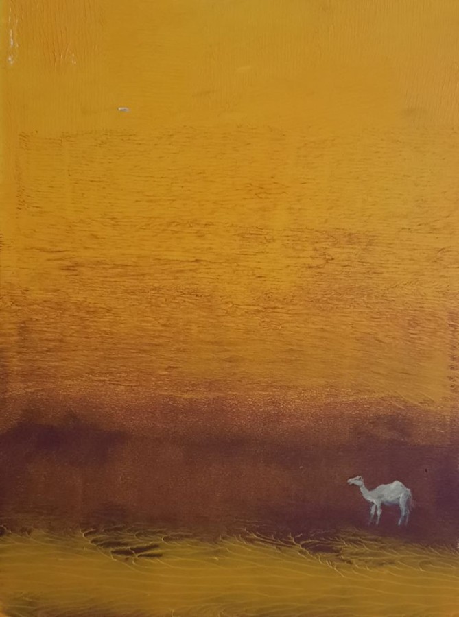 White camel in golden desert landscape climate crisis acrylic painting Pavla Parik