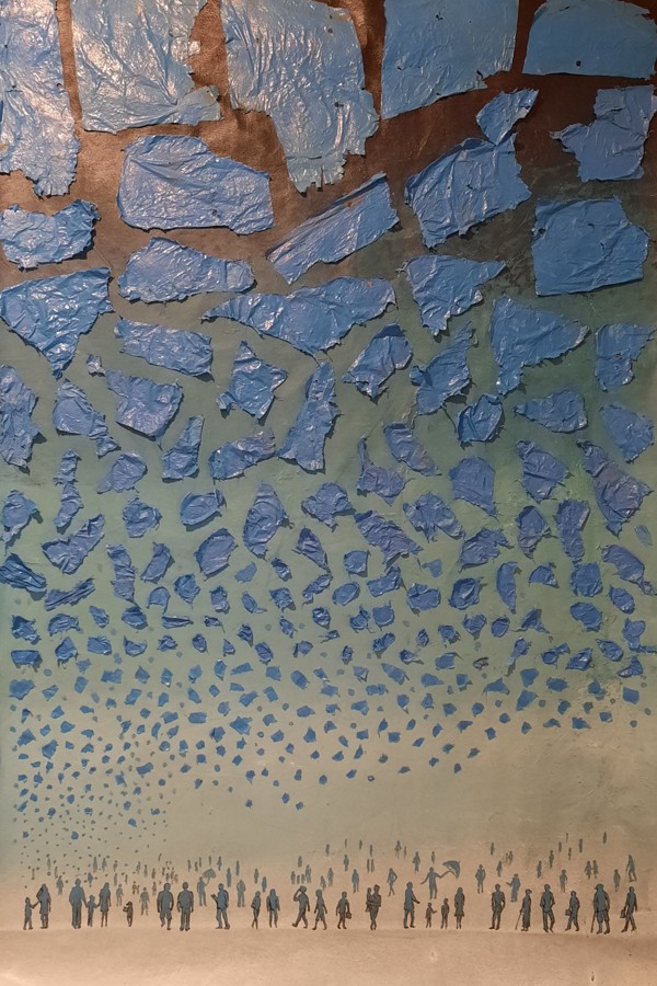 Blue plastic bags raining on crowd environmental pollution mixed media painting Israel