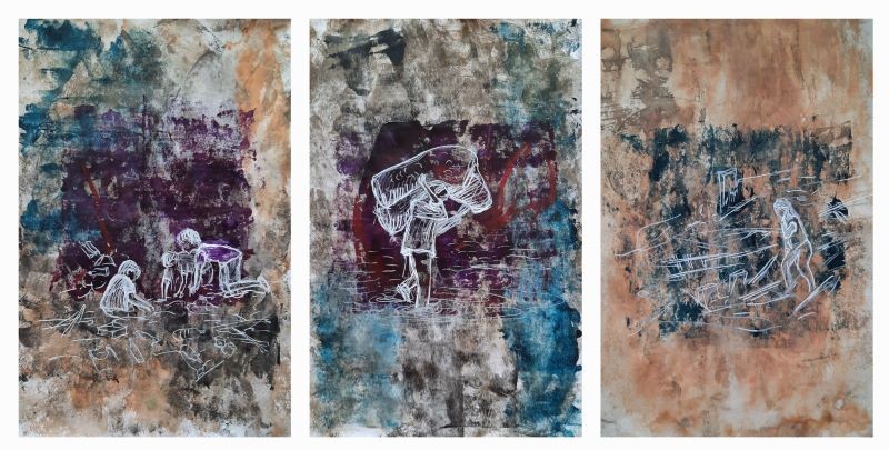 Human figures struggling in abstract landscape climate refugees triptych painting Pavla Parik